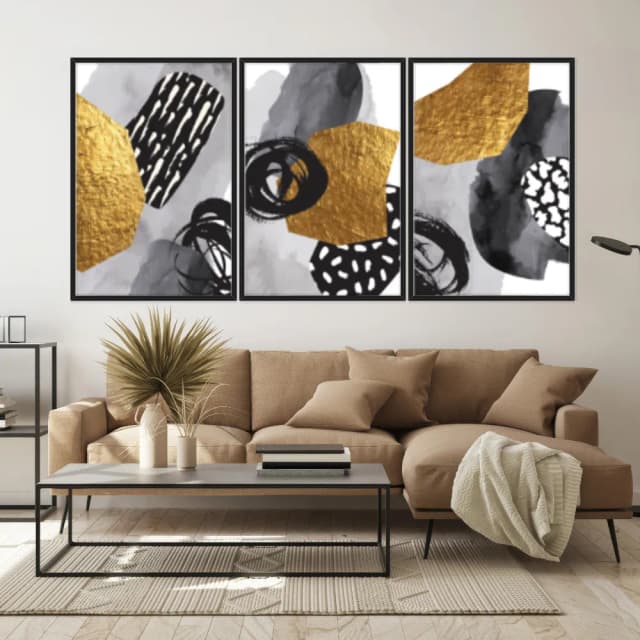 Kit Quadros Decorativos Abstrato Dourado