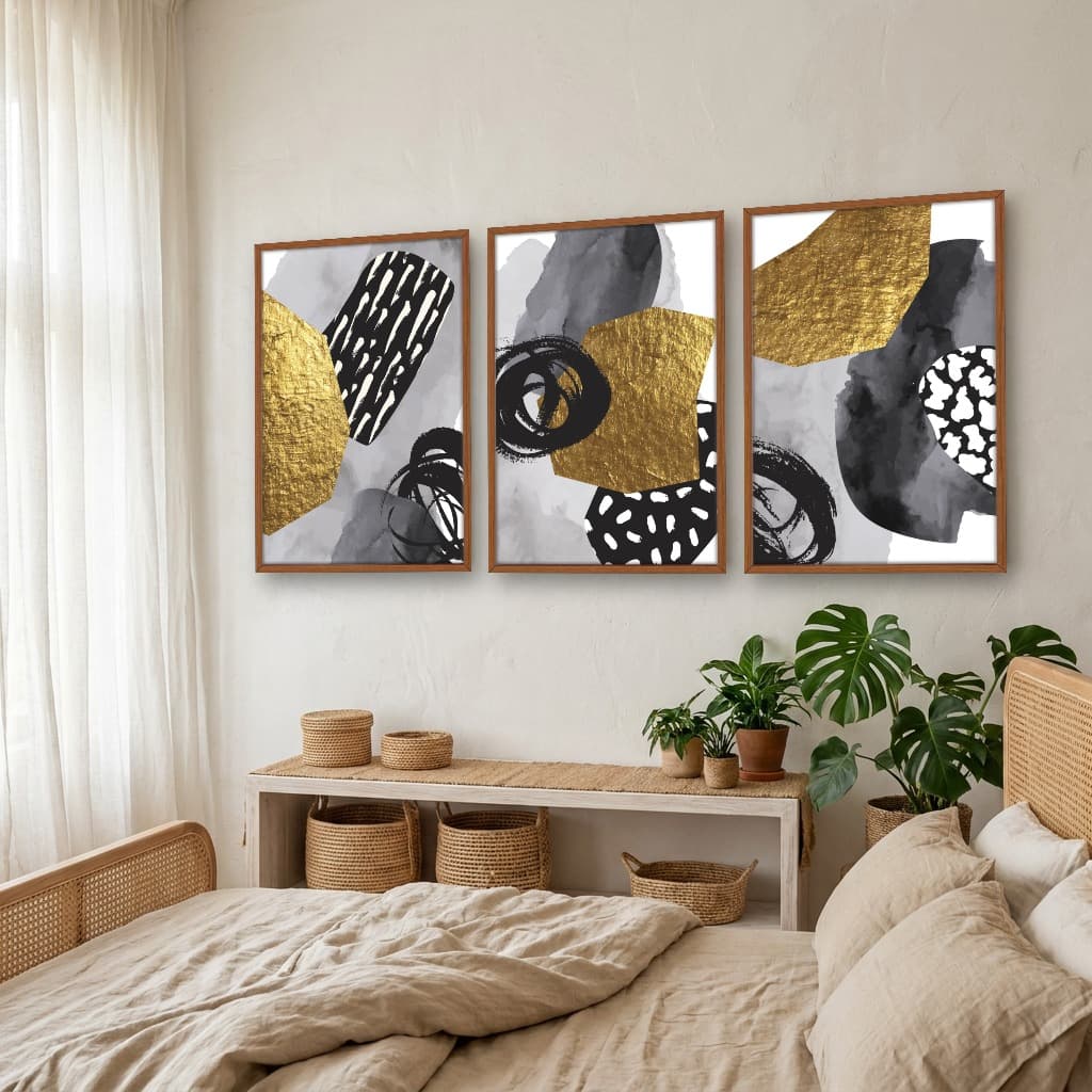 Kit Quadros Decorativos Abstrato Dourado